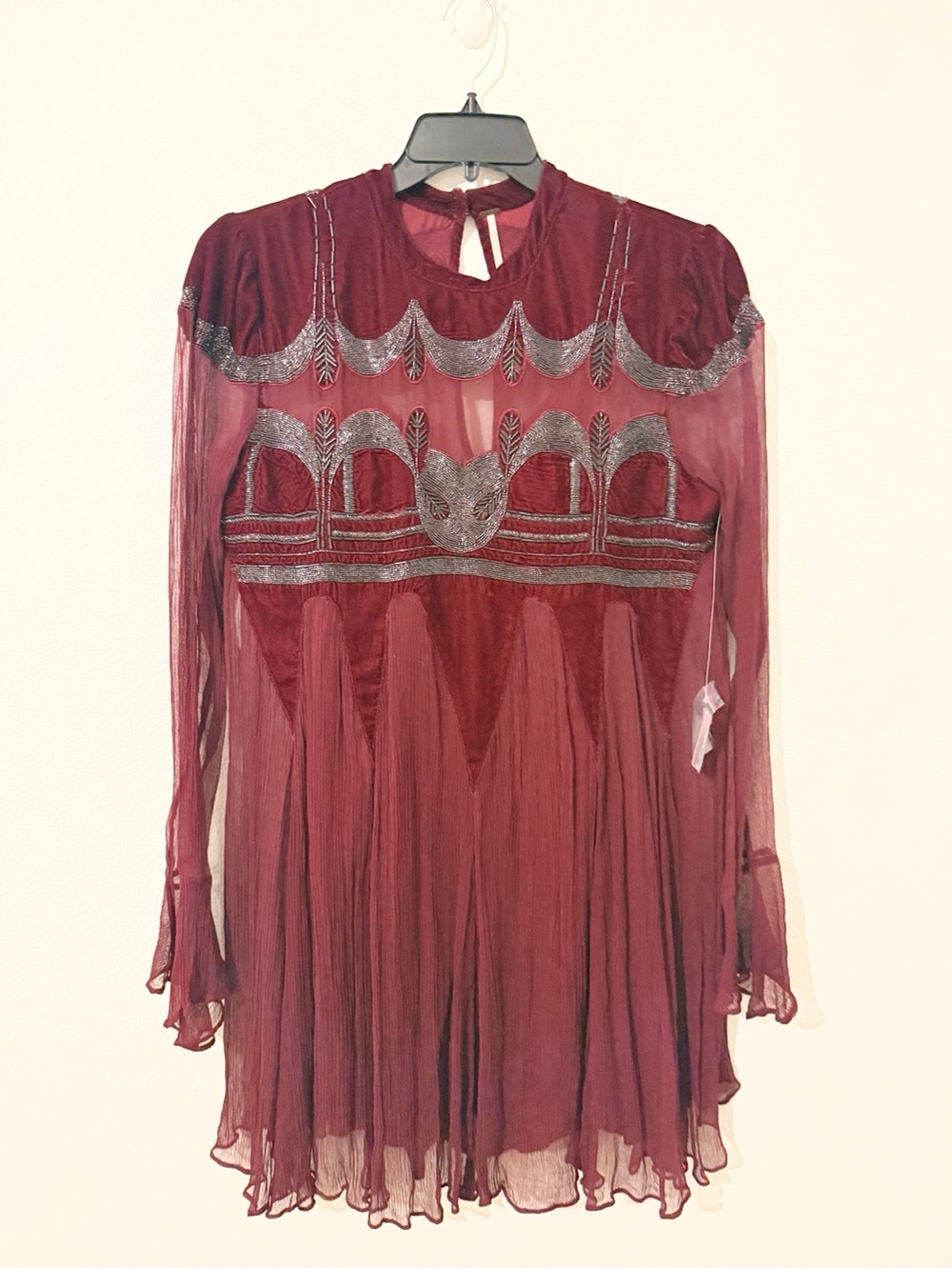 Free People Empire Mesh Lace Dress Burgundy Victorian Beaded Rare size Large